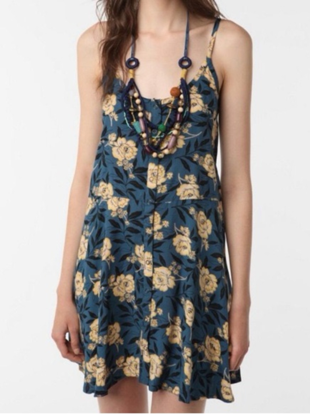 Kimchi Blue Teal Floral Mini Dress with Yellow Roses